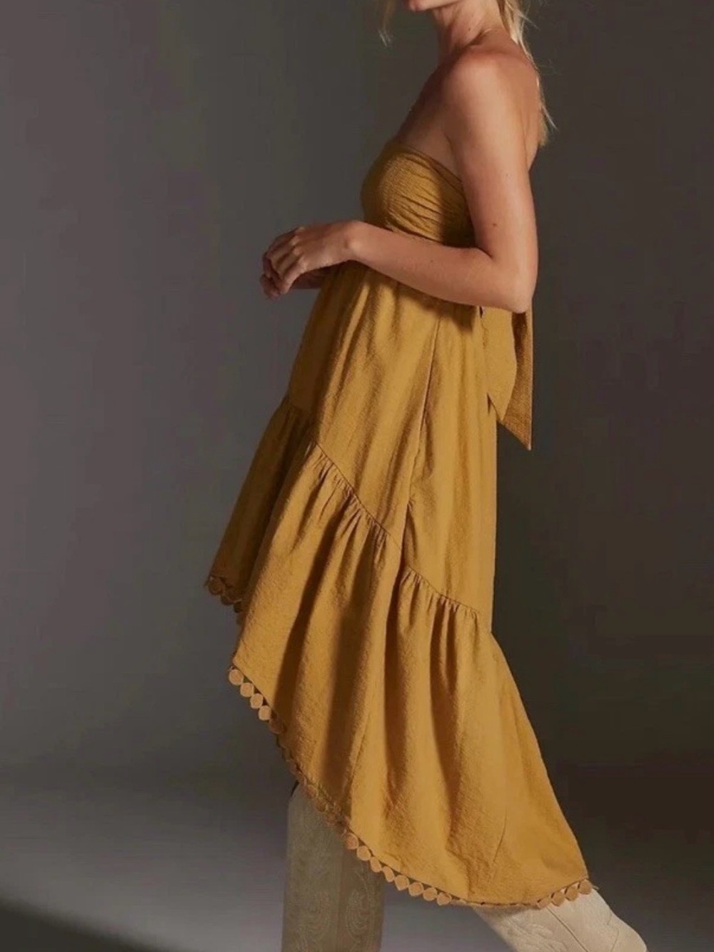 Anthropologie Maeve Mustard Seersucker Backless Tiered Maxi Dress